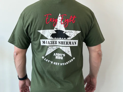 Size M - Official Andy's Hobby Headquarters M4A3E8 Sherman T-Shirt - Olive Green